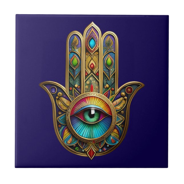 Ornate Gold Colourful Hamsa Green on Red Third Eye Ceramic Tile (Front)