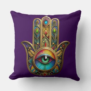 Ornate Gold Colourful Hamsa Green on Red Third Eye Cushion