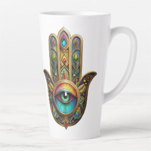 Ornate Gold Colourful Hamsa Green on Red Third Eye Latte Mug