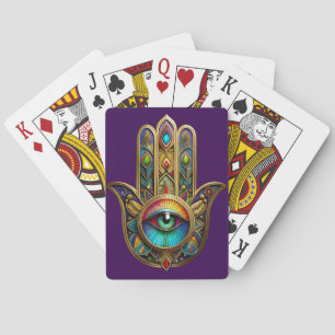 Ornate Gold Colourful Hamsa Green on Red Third Eye Playing Cards