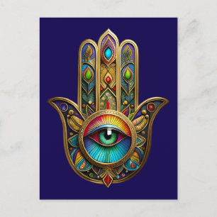 Ornate Gold Colourful Hamsa Green on Red Third Eye Postcard