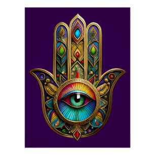 Ornate Gold Colourful Hamsa Green on Red Third Eye Poster