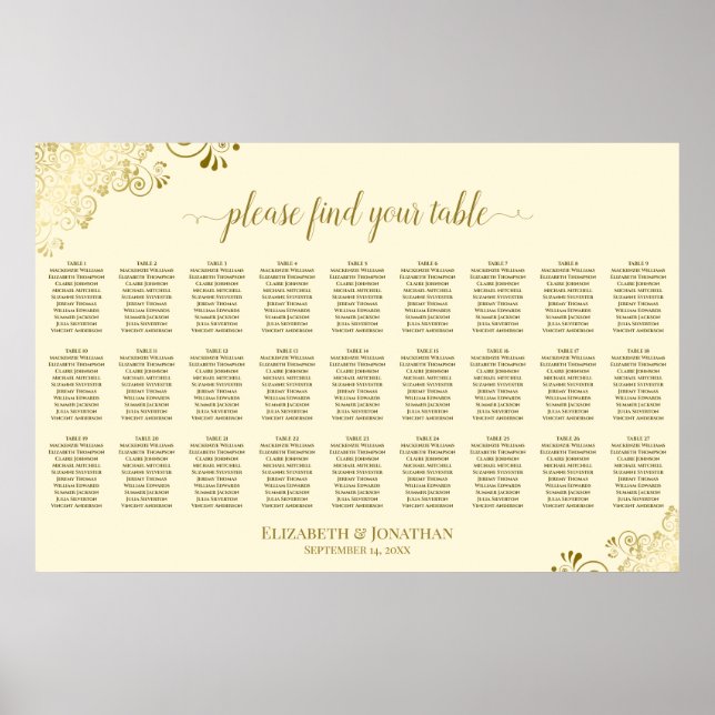 Ornate Gold & Cream 27 Table Wedding Seating Chart (Front)