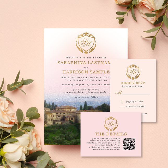 Ornate Gold Crest Peach Tuscany Italy Wedding RSVP Enclosure Card (Creator Uploaded)