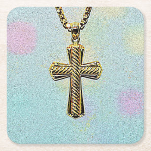 Ornate Gold Cross and Chain Square Paper Coaster