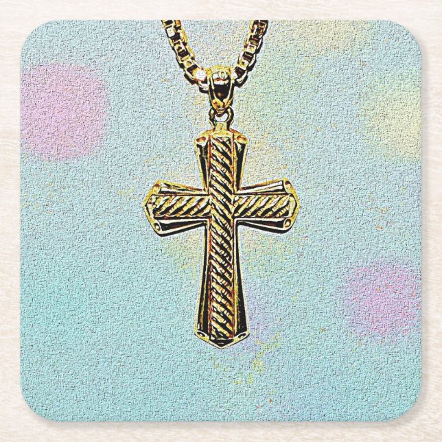 Ornate Gold Cross and Chain Square Paper Coaster (Front)
