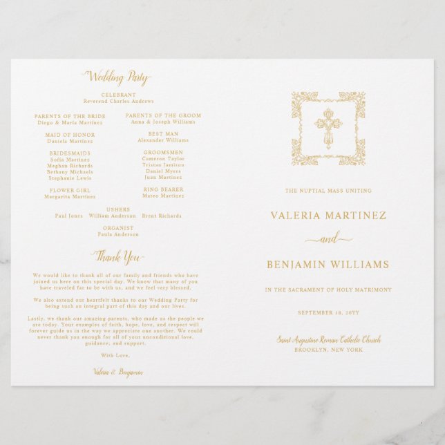 Ornate Gold Cross Catholic Wedding Mass Program (Front)