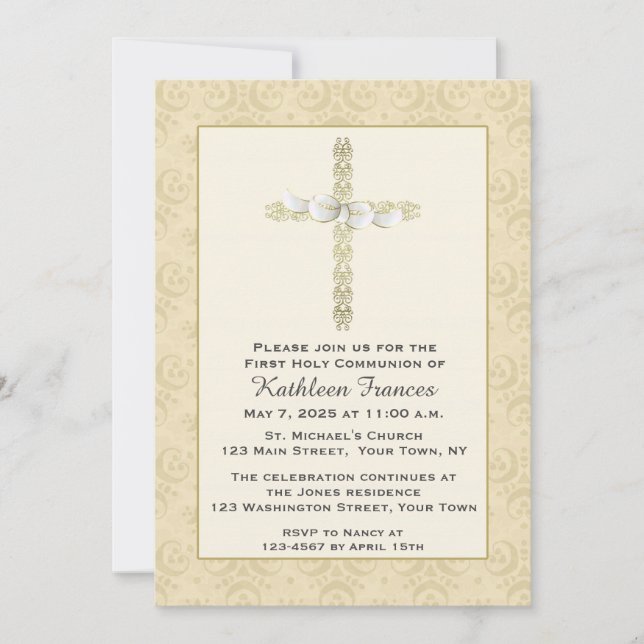 Ornate Gold Cross with Bow, Religious Invitation (Front)