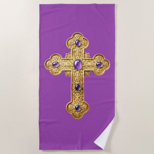 Ornate Gold Cross with Purple Stones Beach Towel