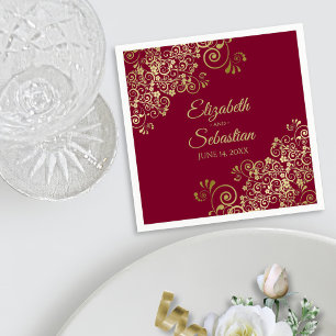 Ornate Gold Curls Elegant Burgundy Wedding Napkin
