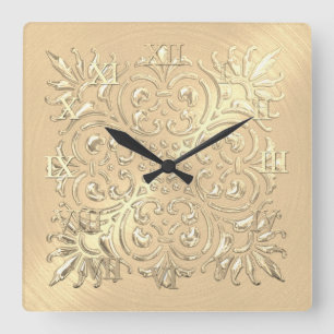 Ornate Gold Embossed Look Roman Numerals Square Wall Clock
