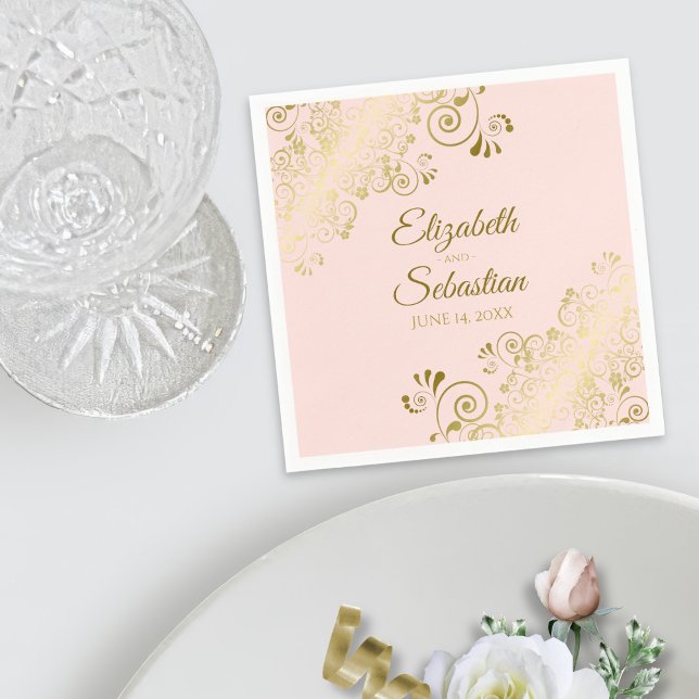 Ornate Gold Filigree Elegant Blush Pink Wedding Napkin (In Situ with Plate)