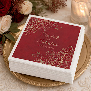 Ornate Gold Filigree Elegant Marbled Red Wedding Napkin