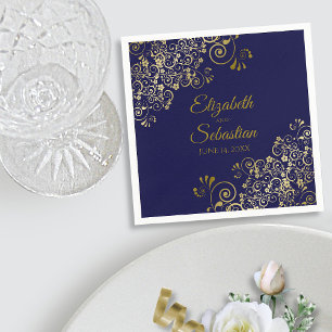 Ornate Gold Filigree Elegant Navy Blue Wedding Napkin