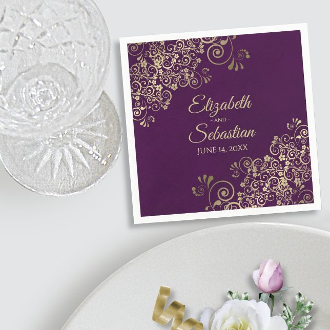 Ornate Gold Filigree Elegant Plum Purple Wedding Napkin (In Situ with Plate)