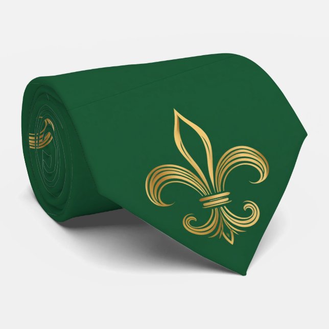 Ornate Gold Fleur-de-lis Mardi Gras Green Carnival Tie (Rolled)