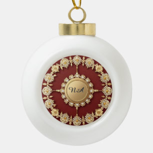 Ornate Gold Floral Design Ceramic Ball Christmas Ornament