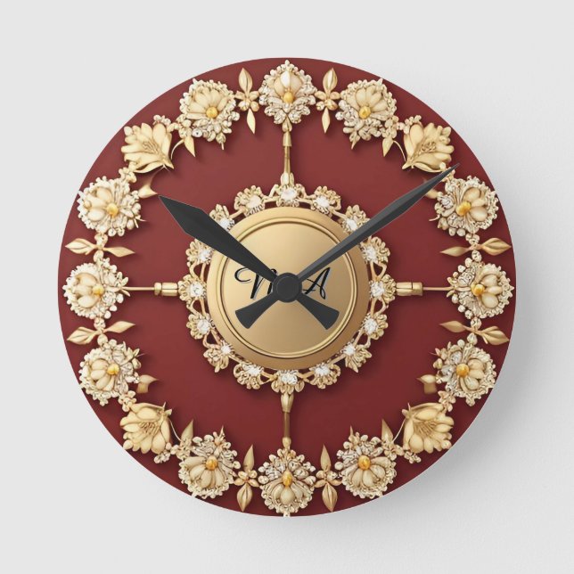 Ornate Gold Floral Design Round Clock (Front)