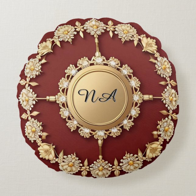 Ornate Gold Floral Design Round Cushion (Front)