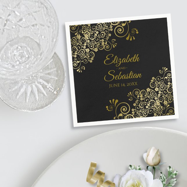 Ornate Gold Floral Filigree Elegant Black Wedding Napkin (In Situ with Plate)