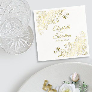 Ornate Gold Floral Filigree Elegant White Wedding Napkin