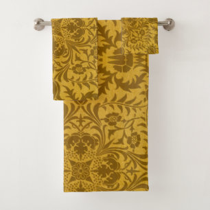 Ornate gold floral pattern with symmetrical bath towel set