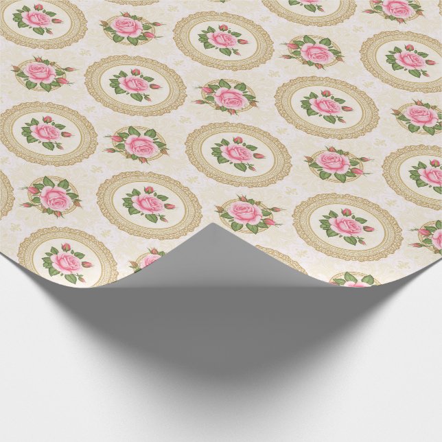 Ornate Gold Frame and Pink Roses Wrapping Paper (Corner)