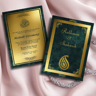 Ornate Gold Frame & Emerald Green Islamic Mehndi  Invitation
