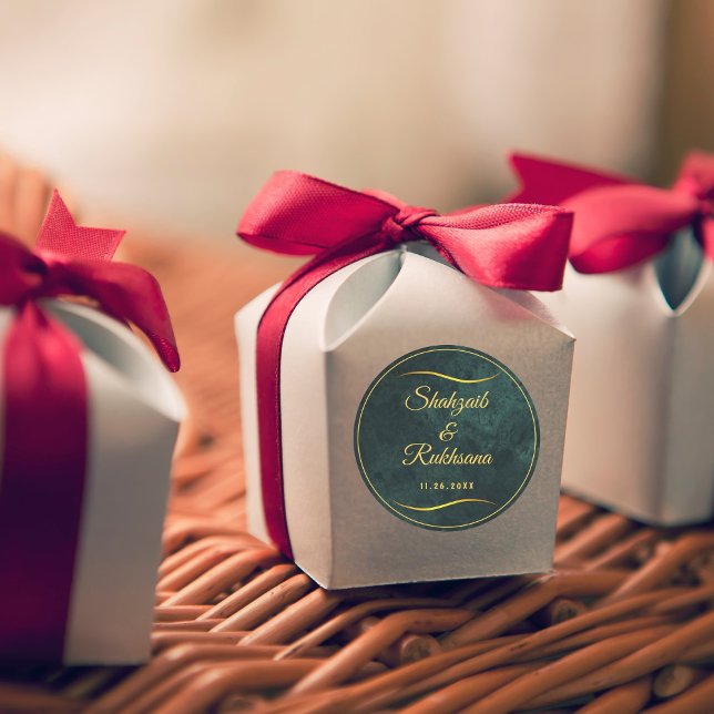 Ornate Gold Frame & Emerald Green Wedding Classic Round Sticker (Creator Uploaded)