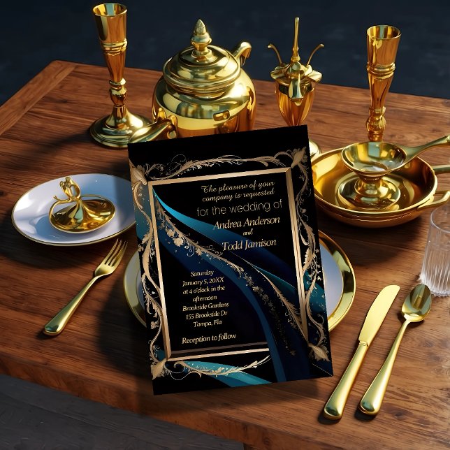 Ornate gold frame teal blue black wedding invitation (Creator Uploaded)