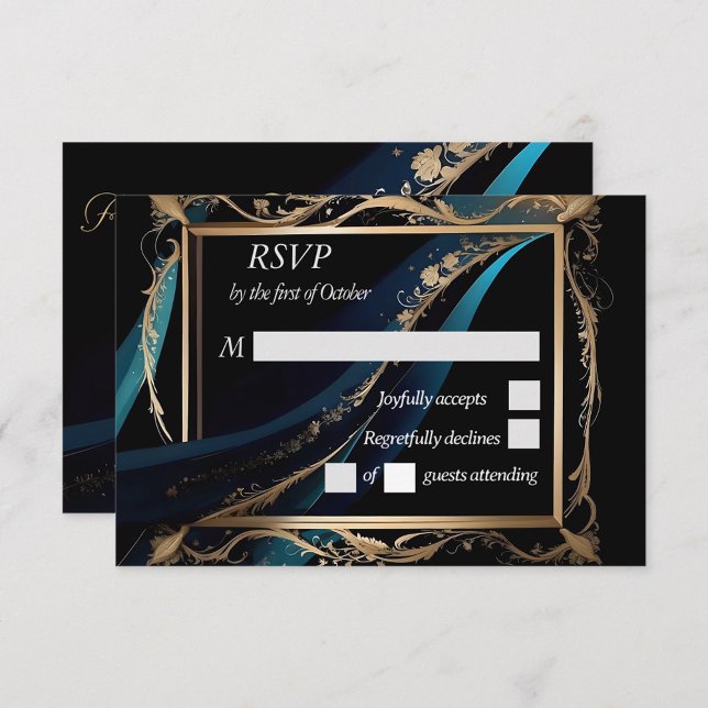 Ornate gold frame teal blue black wedding  RSVP card (Creator Uploaded)