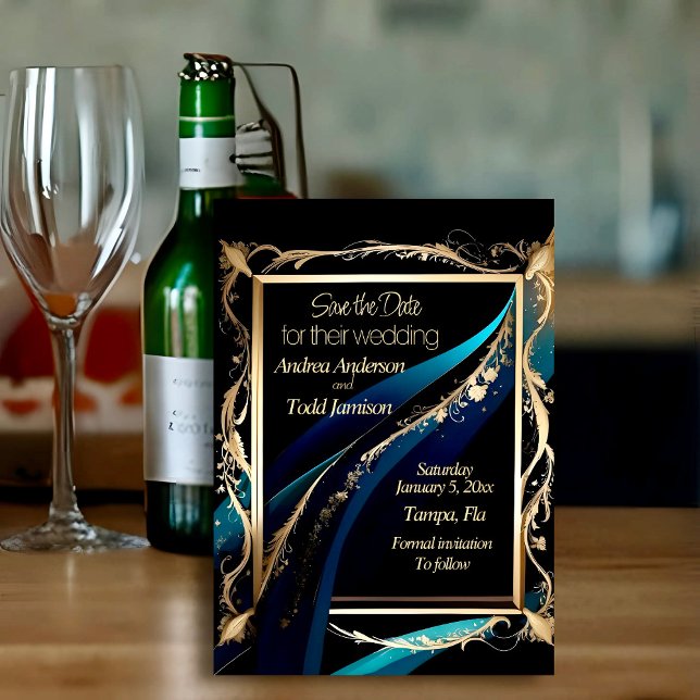 Ornate gold frame teal blue black wedding save the date (Creator Uploaded)