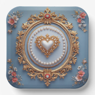 Ornate Gold Frame With Heart Gem Paper Plate