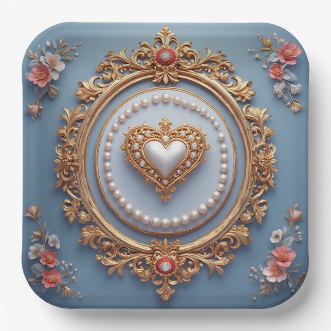 Ornate Gold Frame With Heart Gem Paper Plate (Front)