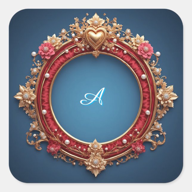 Ornate Gold Frame With Heart Gem Square Sticker (Front)
