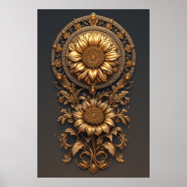 Ornate Gold Frame With Large Metallic Flower Medal Poster (Front)