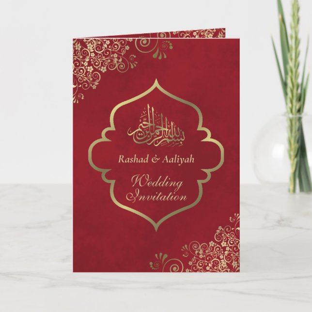 Ornate Gold Frills on Red Elegant Islamic Wedding Invitation (Front)