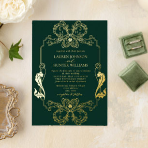 Ornate Gold Green Floral Line Art Monogram Wedding