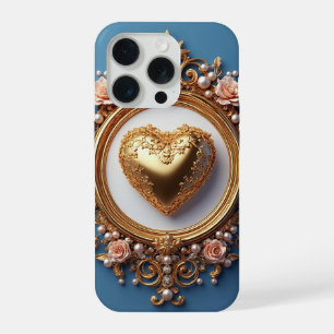 Ornate Gold Heart Frame With Pearl Bead iPhone 15 Pro Case