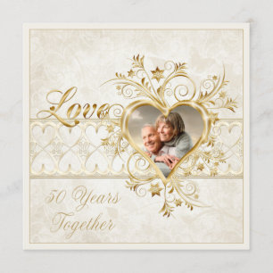 Ornate Gold Hearts Swirls Photo 50th Wedding Invitation