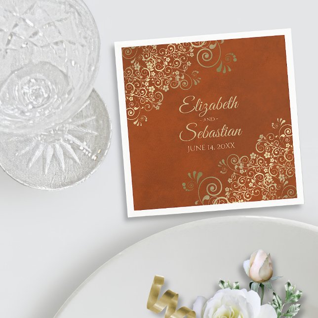 Ornate Gold Lace Elegant Rust Orange Wedding Napkin (In Situ with Plate)