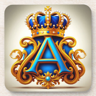 Ornate Gold Letter A With Crown Frame Design Coaster