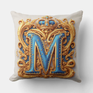 Ornate Gold Letter M With Crown Frame Design Cushion