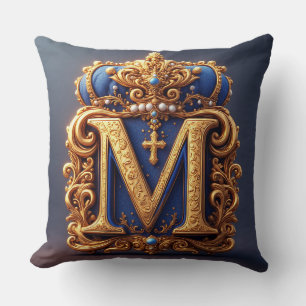 Ornate Gold Letter M With Crown Frame Design Cushion