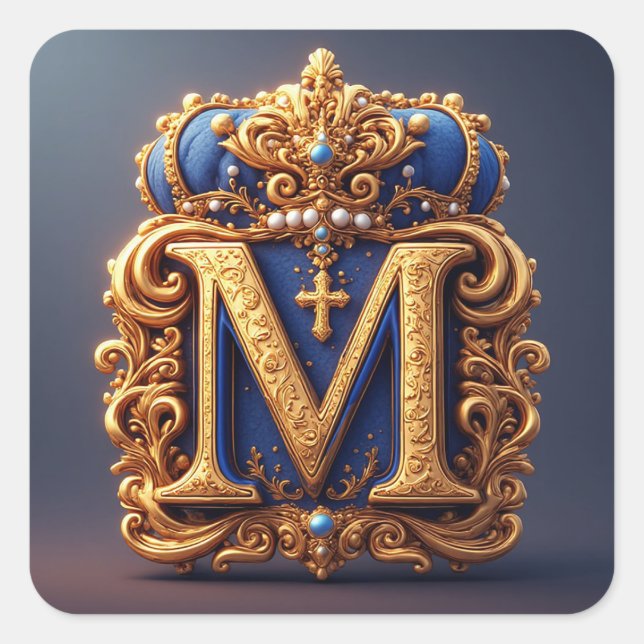 Ornate Gold Letter M With Crown Frame Design Square Sticker (Front)