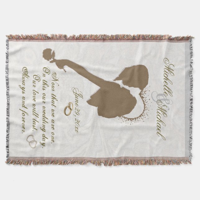 Ornate Gold & Loving Couple Newlywed Throw Blanket (Front)
