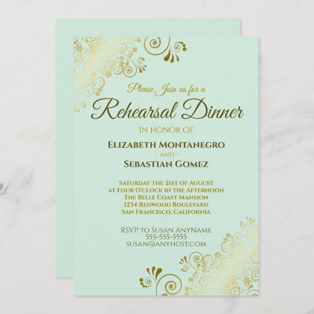Ornate Gold & Mint Green Wedding Rehearsal Dinner Invitation (Front/Back)