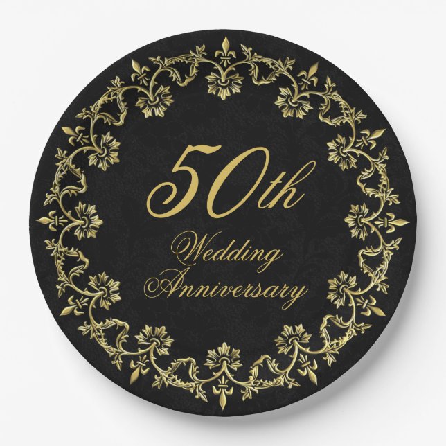 Ornate Gold on Black 50th Wedding Anniversary Paper Plate (Front)