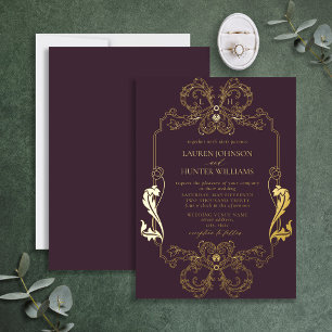 Ornate Gold Purple Floral Line Monogram Wedding