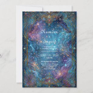 Ornate Gold Purple Nebula Wedding Invitation